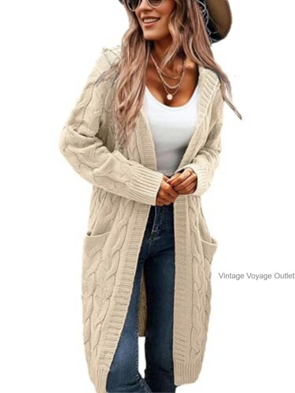 Hooded Open Front Cable Knit Long Cardigan Chunky Oversized Sweater Coat